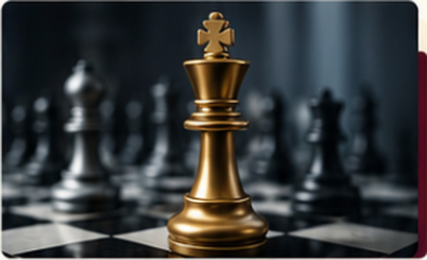 Golden chess king on a reflective board