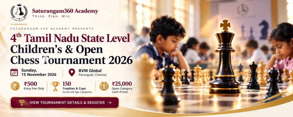 4th Tamil Nadu State Level Children’s and Open Chess Tournament 2026. Sunday 15 November 2026 at BVM Global Perungudi. Entry fee Rs. 500. View tournament details and register.