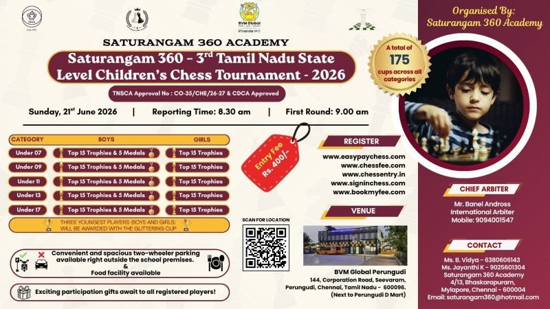3rd Tamil Nadu State Level Chess Tournament official poster